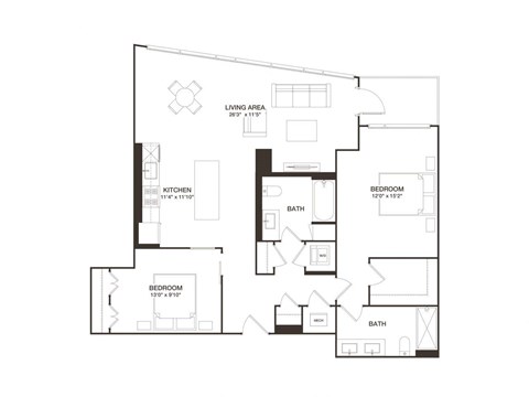 Floor plan for 2 beds, 2 baths, 1249 sqft